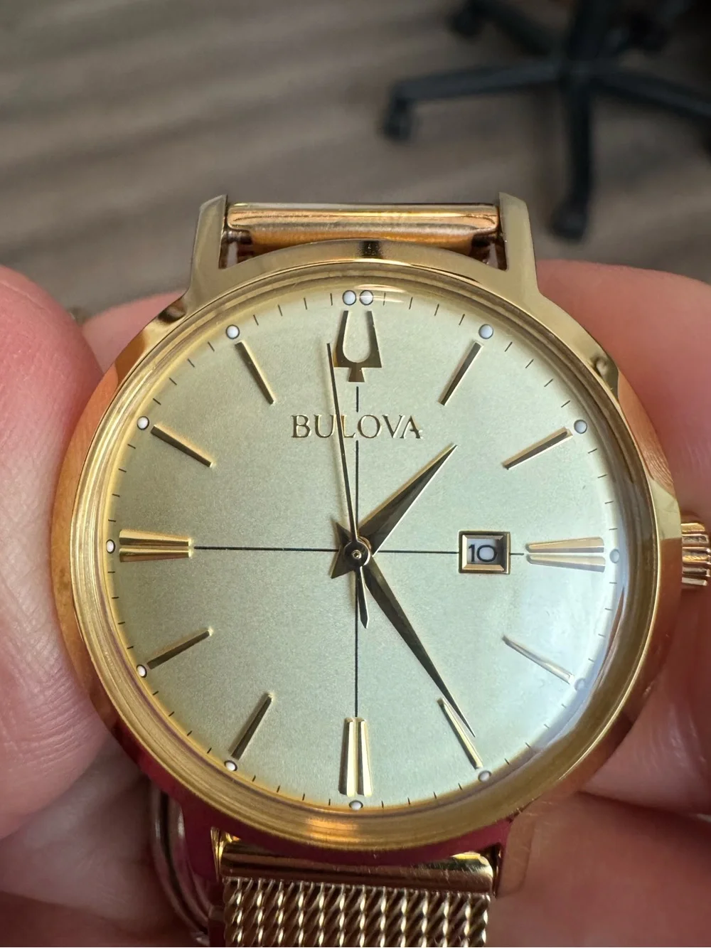 Bulova ladies gold-tone mesh watch with champagne dial